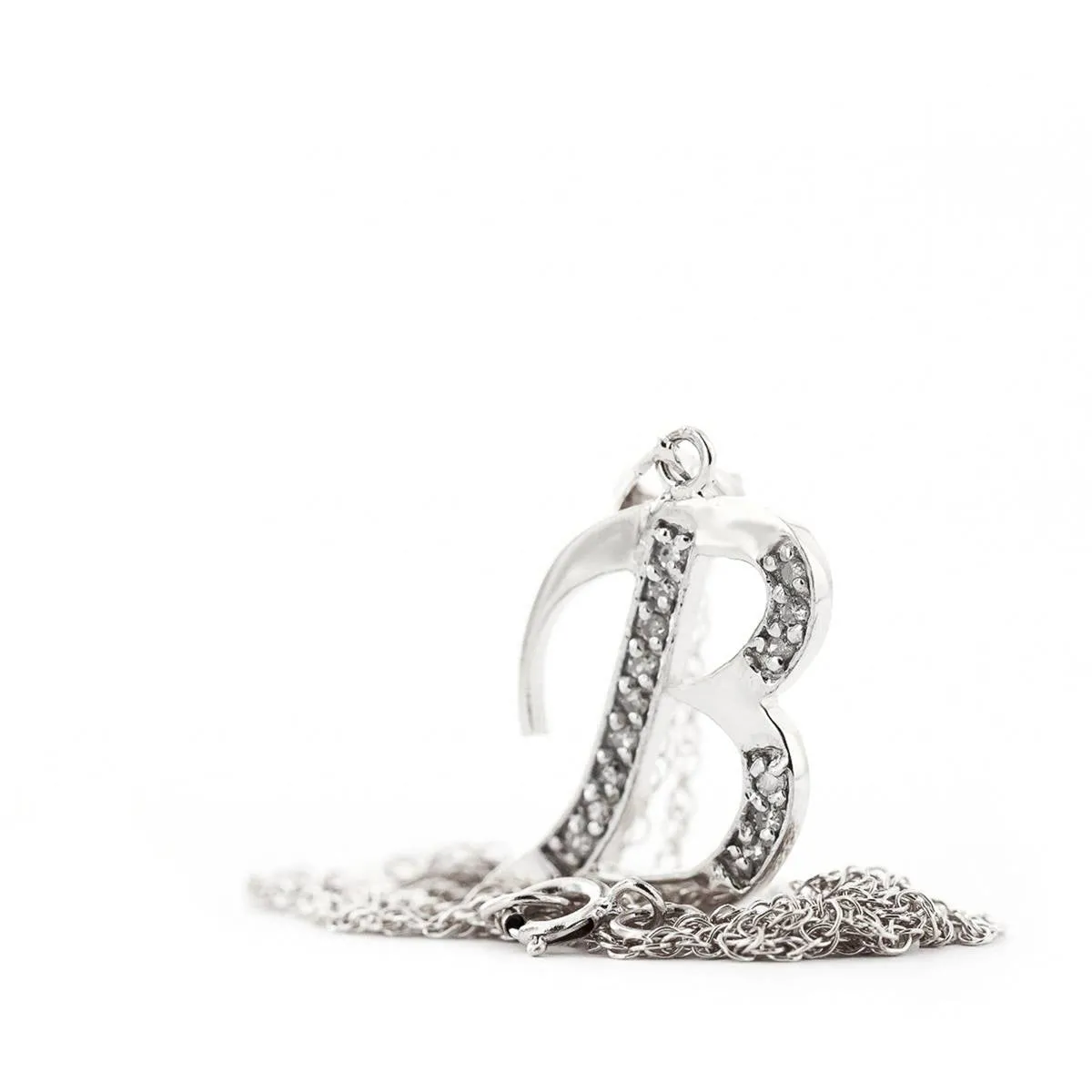 14K Solid White Gold Necklace w/ Natural Diamonds Initial 'b' Pendant