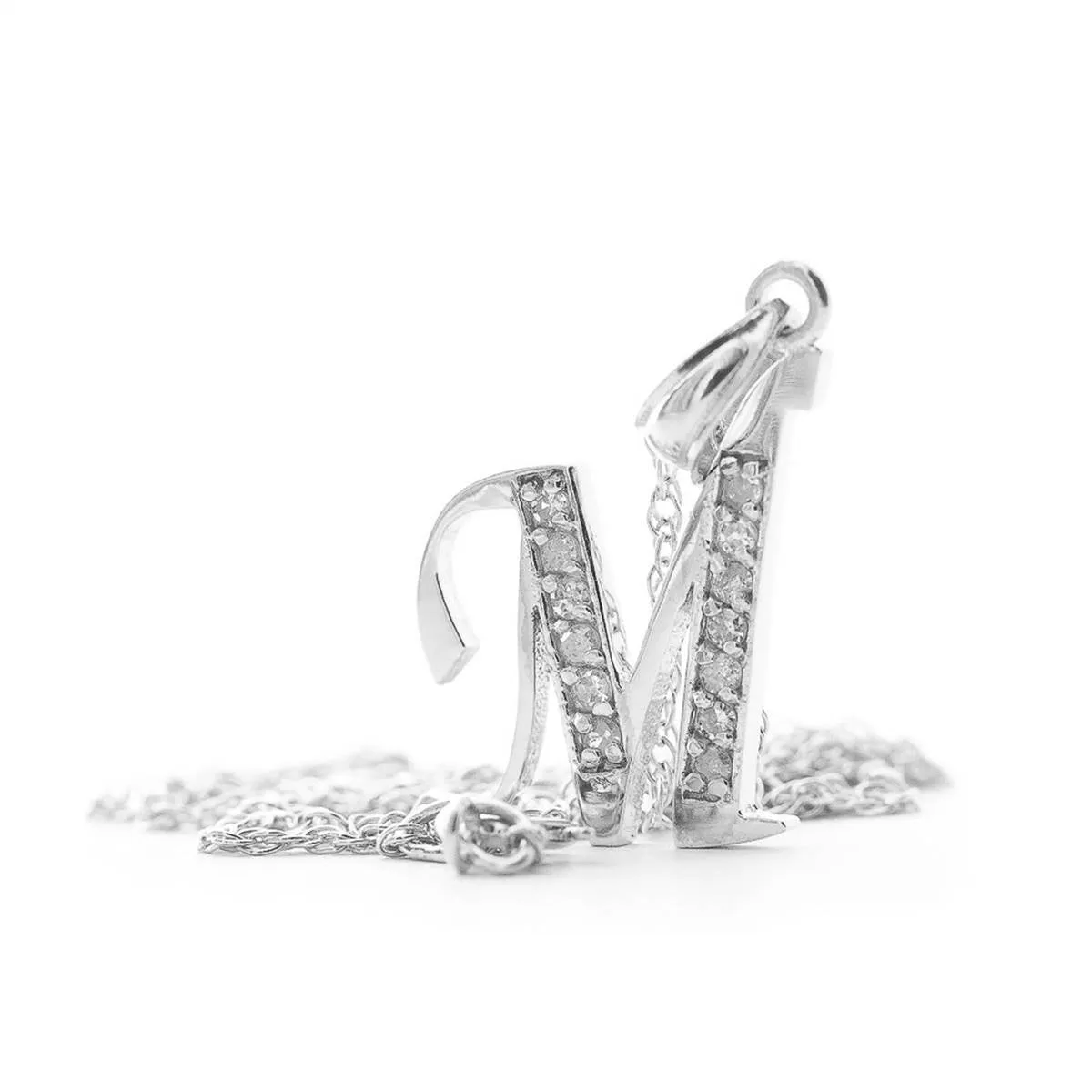 14K Solid White Gold Necklace w/ Natural Diamonds Initial 'm' Pendant