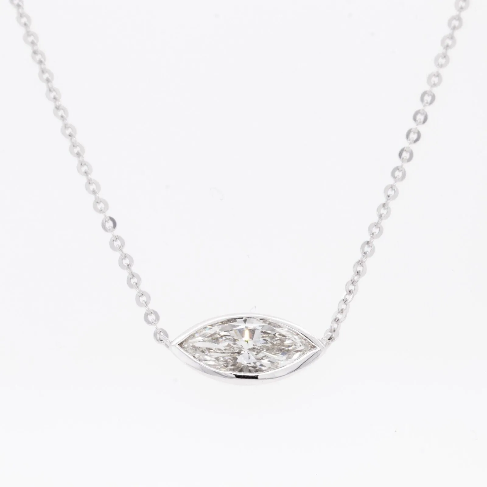 14k White Gold Marquise Diamond Bezel Set Pendant Necklace 0.90ct I VS2 16.5"