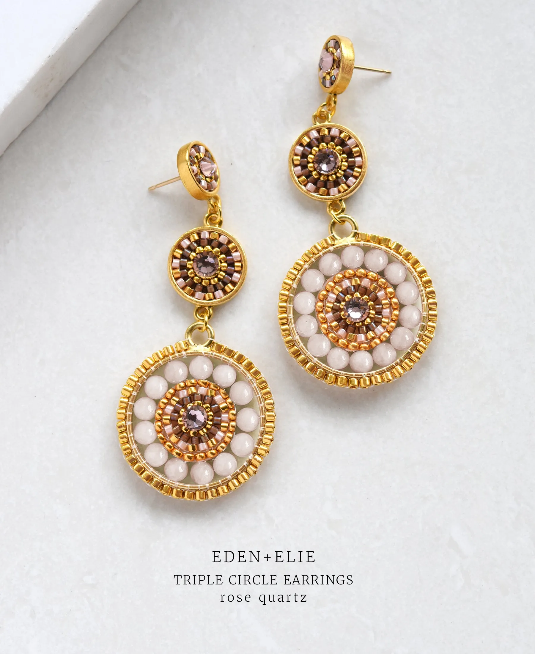EDEN   ELIE Luxe triple circle statement drop earrings - rose quartz