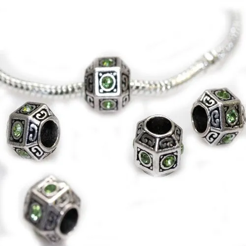 Hexagon w/ Light Green  Crystals August Peridot Birthstone  For Snake Chain Charm Bracelet