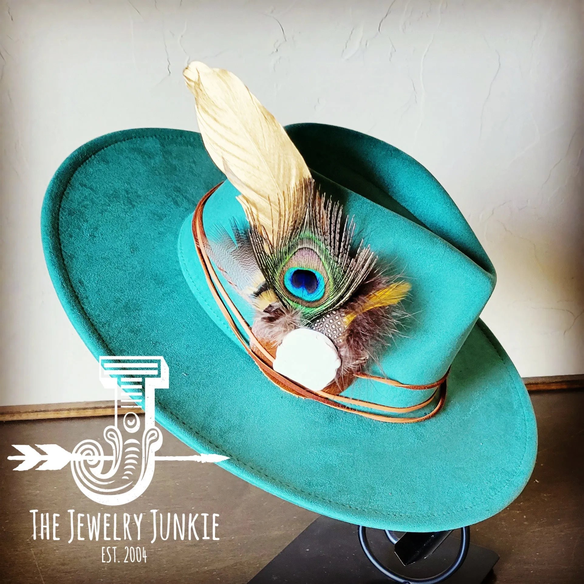 Peacock Gold Feather & Turquoise Slab Hat Band   Choice of Hat 985v