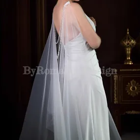 pearl chain ornament long wedding dress cap ,tulle cape