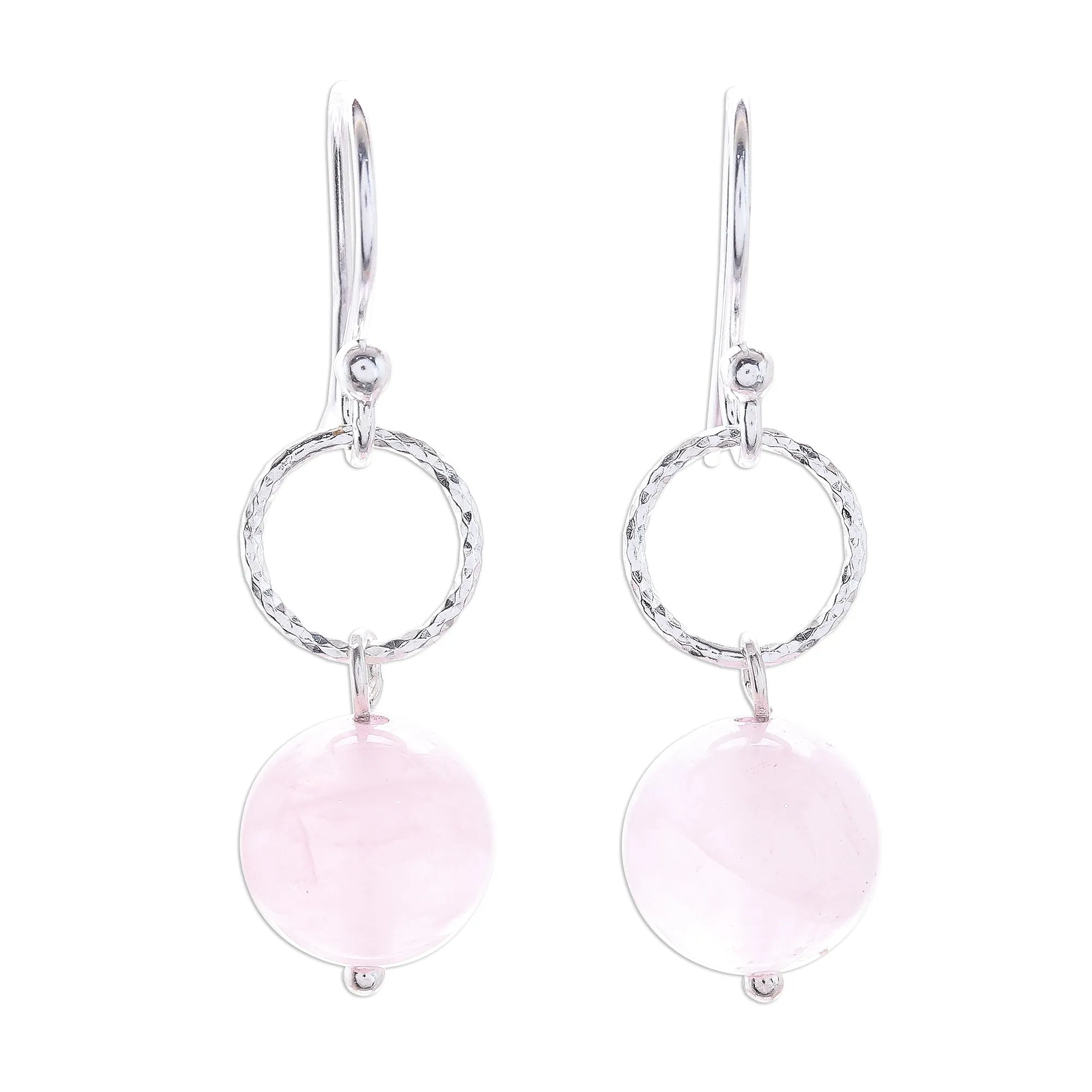 Ring Shimmer Round Rose Quartz Dangle Earrings Crafted in Thailand