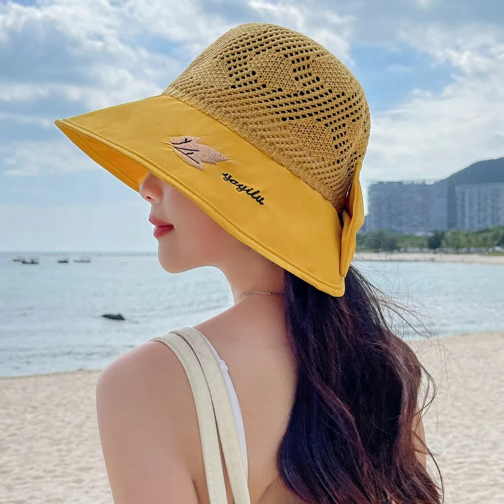 Summer Hats For Women Fashion Wide Brim Maple Leaf Pattern Design Sun Hat Sun Protection Travel Beach Bucket Hat