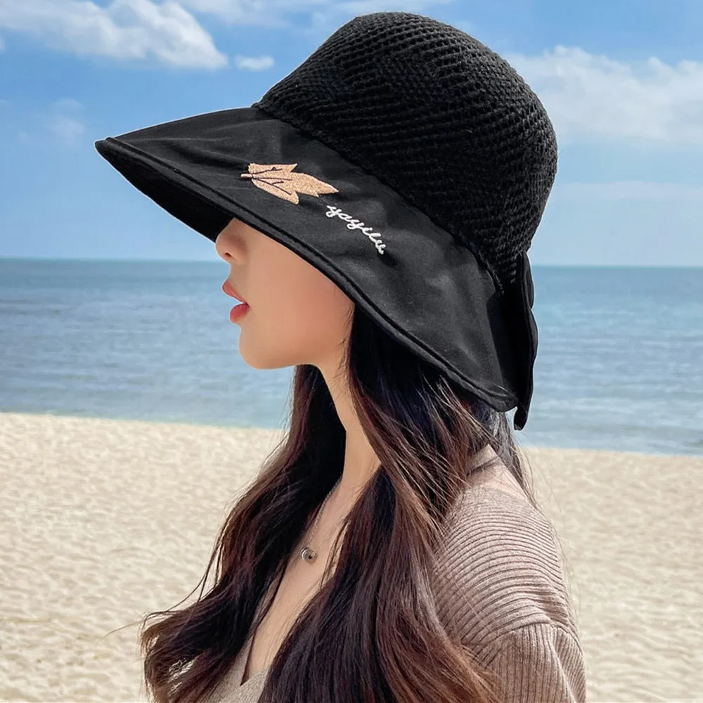 Summer Hats For Women Fashion Wide Brim Maple Leaf Pattern Design Sun Hat Sun Protection Travel Beach Bucket Hat