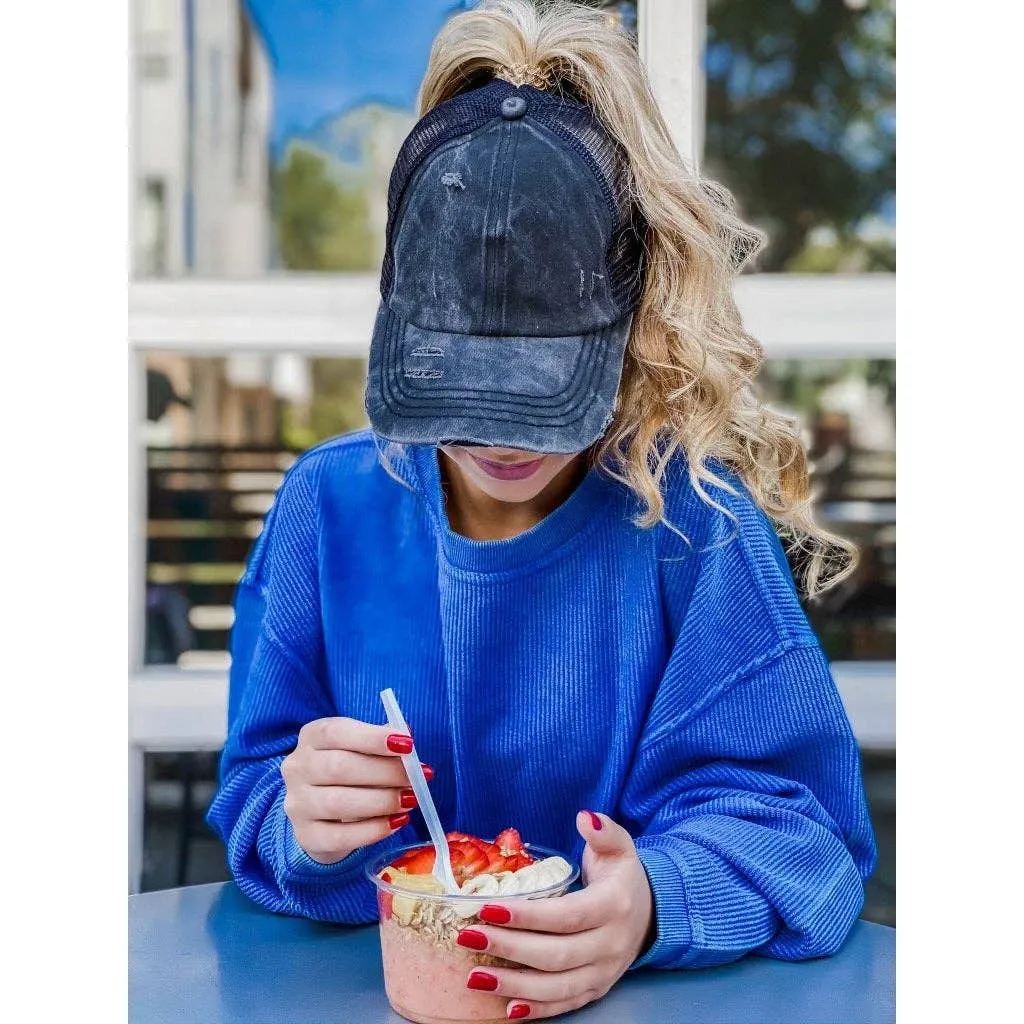 Washed Denim Criss Cross High Pony CC Baseball Hat